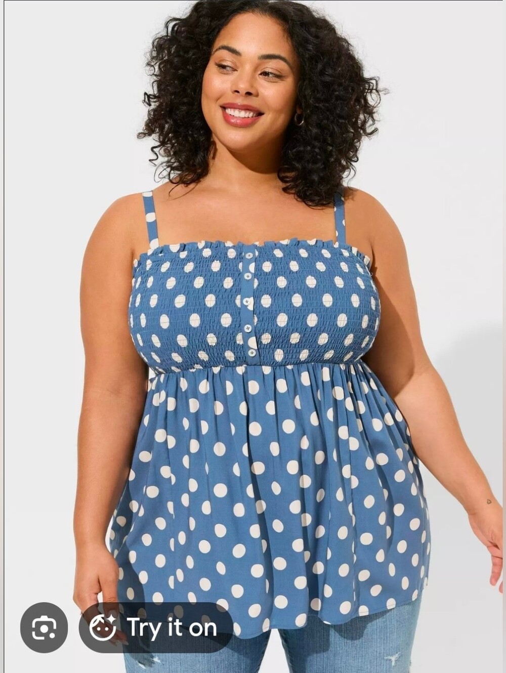 Torrid Size 5 Blue polka dot smocked babydoll top w/removable/convertible straps